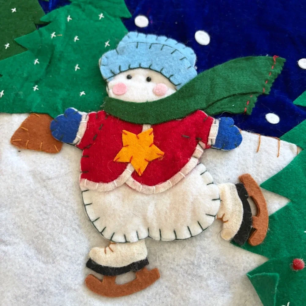 Snowman Skating 3D Felt Applique Blue Velvet Christmas Tree Skirt 43